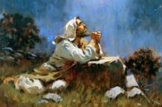 a painting of a man laying on top of a rock with a dog in his lap