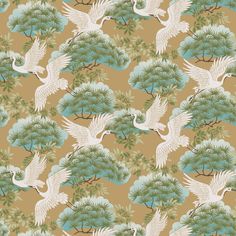 an image of birds flying in the air with trees and leaves around them on a brown background