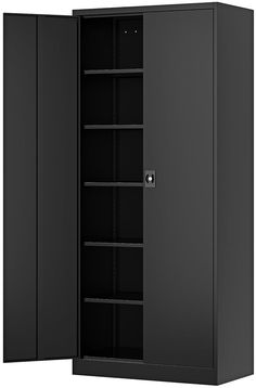 an empty black storage cabinet with doors open