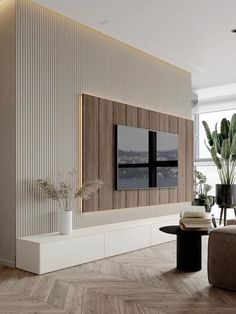 modern living room with wood paneling and white walls