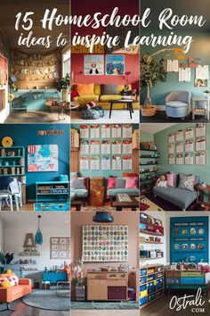 a collage of different rooms and furniture with the words 15 homeschool room ideas to inspire learning