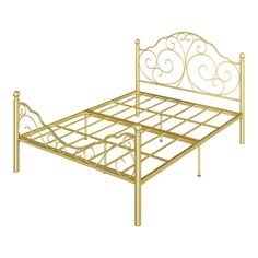 a gold metal bed frame with scroll designs