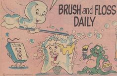 an old comic strip with toothbrushes and floss in the air, while another cartoon is brushing it's teeth