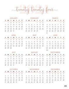 a calendar with the words twenty twenty forty four on it, in pink and white