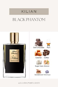 an advertisement for kilian's black phanom perfume, which features different flavors and