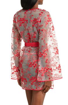 Cherry-red embroidered blossoms and branches overtake this sheer robe featuring lovely satin trim and wide, kimono-inspired sleeves. Long sleeves Removable sash Sheer 100% nylon Hand wash, dry flat Imported Satin Kimono Outfit, Mesh Robe, Chinese Kimono, Kimono Outfits, Coquette Floral, Embroidery Coat, Sheer Robe, Sheer Kimono, Satin Kimono