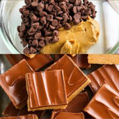 chocolate bars, peanut butter and other desserts are on display in three separate pictures