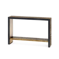 a black and gold console table with two shelves on each side, one shelf is empty