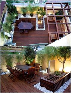 an outdoor patio with wooden furniture and plants on the deck, next to a small tree