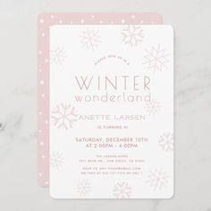 a pink and white winter onederland party card with snowflakes on it