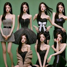 the girls are posing in different dresses and hair styles, all wearing high heeled shoes