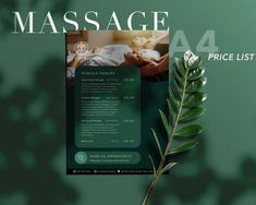 a massage brochure is displayed on a green background with a plant in the foreground