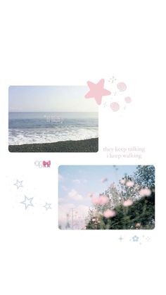 two different pictures with the ocean and sky in the background, one has pink flowers on it