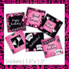 pink and black birthday cards with happy times on them