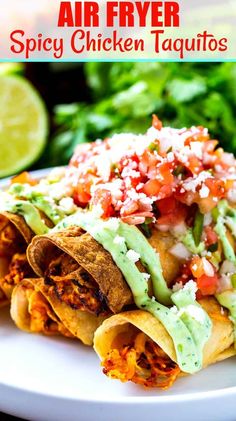 an air fryer spicy chicken taquitass on a white plate