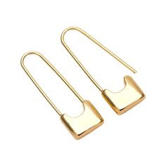 two pairs of gold earrings with square hooks on each side and one earring in the middle