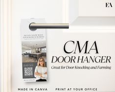 a door hanger with the name cma dorhangerr on it and an image of a woman