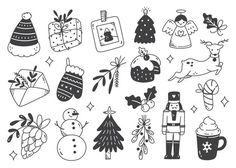 black and white christmas doodles on a white background stock photo - budgetless christmas doodles