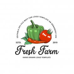 fresh food logo template with peppers and tomato on white background for restaurant or store design