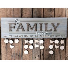 "Keep track of family birthdays, anniversaries, and other special days with this wood 3D family name sign. This sign features the family name in 3D letters, while the months are laser engraved along the bottom. We only use hand selected birch plywood for our signs. Choose the quantity of tags (circles and hearts) to hang underneath that works for your family! Bone shaped tags are available upon request! Item Details: - Sign is made of 3/4\" birch plywood that is stained your color of choice. Sin Family Celebrations Board, Celebration Board, Family Birthday Board, Birthday Tracker, Wood 3d, Sharpie Markers, Birthday Items, Wood Tags, Family Name Sign