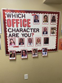 a bulletin board with pictures of different people on it that says which office character are you?