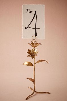 a single flower is placed in front of a table number