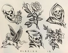 an old school tattoo flash sheet with skulls and roses on it's back side