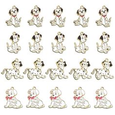 the dalmatian dog charms are all different colors and sizes, but one has a red bow on it's collar