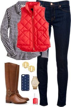 Red, White, & Boots by classically-preppy featuring mid rise skinny jeans ❤ liked on PolyvoreJ.Crew blue gingham shirt / J Brand mid rise skinny jeans, $275 / Tory Burch boots / Michael Kors bracelet / White gold stud earrings / J Crew tech accessory / Essie formaldehyde free nail polish Outfit With Boots, Jeans Preppy, Outfits Jeans, The Cardigans, Boating Outfit, Red Vest, Gingham Shirt, Cute Winter Outfits