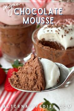 chocolate mousse with whipped cream and strawberries in the background