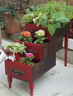 three planters with plants in them sitting on top of a wooden table next to a potted planter