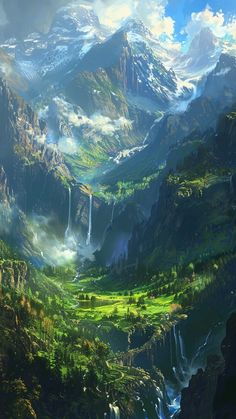 an artistic painting of mountains and waterfalls in the sky, with water flowing from them