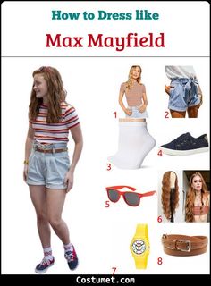 a woman in shorts and striped shirt standing next to other items with text that reads how to dress like max mayfield