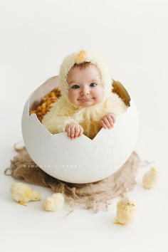 a baby is sitting in an egg shell with some chicklings around it and looking at the camera