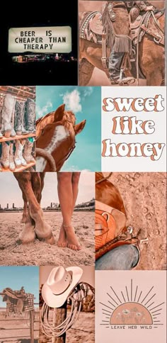 a collage of photos with horses, cowboy boots and other things in the background