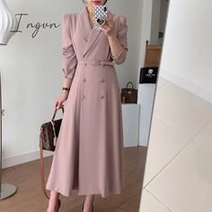 🎁 1. New customer get 7% OFF [Code: 7OFF]🎁 2. Buy 2 and get 10% OFF [Code: 10OFF]🎁3. Buy 3 and get 15% OFF [Code: 15OFF] Silhouette: A-LINESeason: Spring/AutumnNeckline: NotchedSleeve Style: RegularDecoration: SashesStyle: Office LadyDresses Length: Mid-CalfMaterial: PolyesterMaterial: ChiffonAge: Ages 18-35 Years OldModel Number: women dressClosure Type: Single BreastedSleeve Length(cm): FullGender: WOMENWaistline: NaturalPattern Type: Solid Office Women, Womens Dress Suits, Vintage Maxi Dress, Vintage Party, Light Blue Denim, Long Maxi, Slim Waist, Dress Pink, Collar Dress