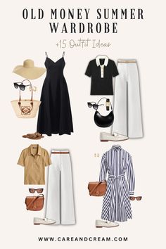 Upgrade your summer look with our Old Money Summer Capsule Wardrobe! We've put together 15 elegant outfit ideas that will awaken your old money style with a mix of 25+ chic summer essentials. Feel confident owning your aesthetic this summer with the relaxed yet refined old money summer style. These outfit ideas are truly an inspiration for crafting your timeless capsule wardrobe. Plus: old money look, old money summer outfits, quiet luxury. Summer Quiet Luxury, Old Money Outfit Women Spring, Old Money Outfit Ideas Women, Old Money Style Summer Women, Elegant Travel Outfits, Chic Summer Outfits 2024, New Wardrobe Aesthetic, Southern Summer Outfits, Coastal Chic Outfit