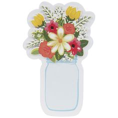 a sticker with flowers in a blue mason jar on a white background is shown