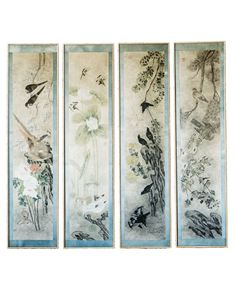 S-18724-FRSEA--B-Four-seasons-Actual Restaurant Art, Japanese Room, Corning Museum Of Glass, Panel Screen, Chinese Ink, Ink Brush, Green Business, Blue Border, Watercolour Art