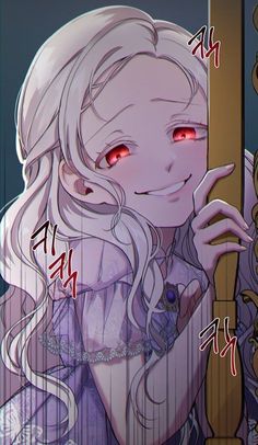 an anime character with red eyes and long white hair holding a mirror in front of her face