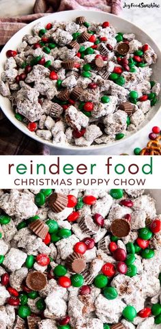 a bowl filled with christmas puppy chow next to another bowl full of candy and pretzels