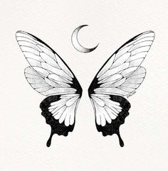 a black and white drawing of two butterflies with the moon in the sky behind them