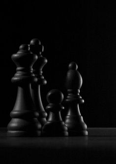 a black and white photo of chess pieces