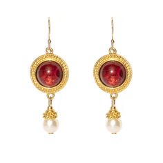 Ben-Amun Tudores Viola Red Pearl Drop Round Earrings, Red Round Pearl Drop Earrings, Elegant Red Pearl Drop Jewelry, Gold Byzantine Jewelry With Cabochon, Byzantine Gold Cabochon Jewelry, Byzantine Gold Jewelry With Cabochon, Gold Brass Cabochon Earrings, Gold Cabochon Brass Earrings, Gold Brass Earrings With Cabochon Detail