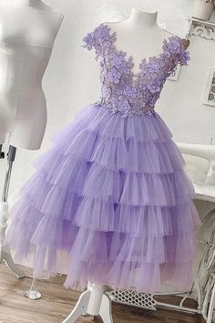 A-line Applique Lilac Tulle Short Homecoming Dresses With Layered Purple Tulle, Purple Evening Dress, Cute Formal Dresses, Evening Dress Long, Tulle Homecoming Dress, Short Party Dress, Evening Dresses Short, Short Homecoming Dress, Short Prom Dress