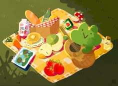 a picnic blanket with food and drinks on it