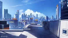 an animated cityscape with tall buildings and skyscrapers