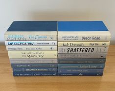 a stack of books sitting on top of a wooden table