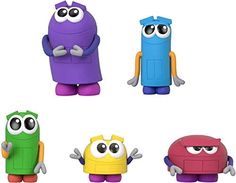 four different colored toy figures with eyes and arms