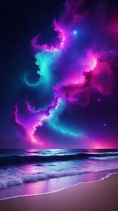 the sky is filled with colorful clouds and stars above the water at night, as well as an ocean wave